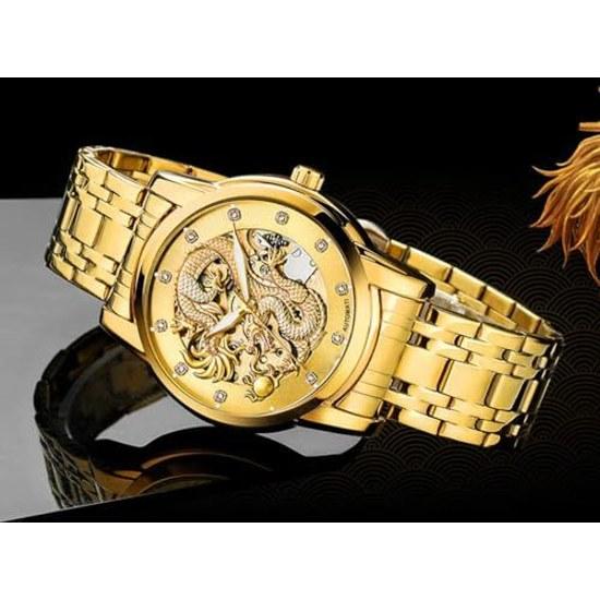 CARLIEN Mens Dragon Collection Limited Luxury Sculpted Dial Golden Automatic Waterproof Watch (Gold)