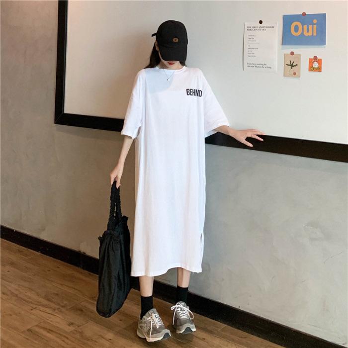 Fat Mm Summer 2026 New Korean Version Loose Large Size Split Knee T-shirt Long Skirt Short Sleeve Dress Women's Clothing