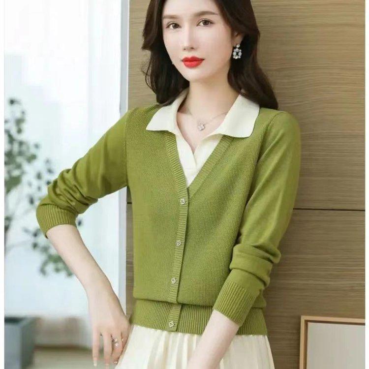 2025 Autumn/Winter Korean Style Sweater: Women's Lapel Fake Two-Piece Top