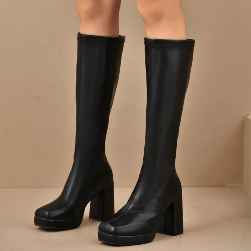 Fashion Plus Size High Heels Boots for Women Square Heeled Chunky Platform Knee-High Boots Woman 2025 Winter Thick Sole Square Toe Boots