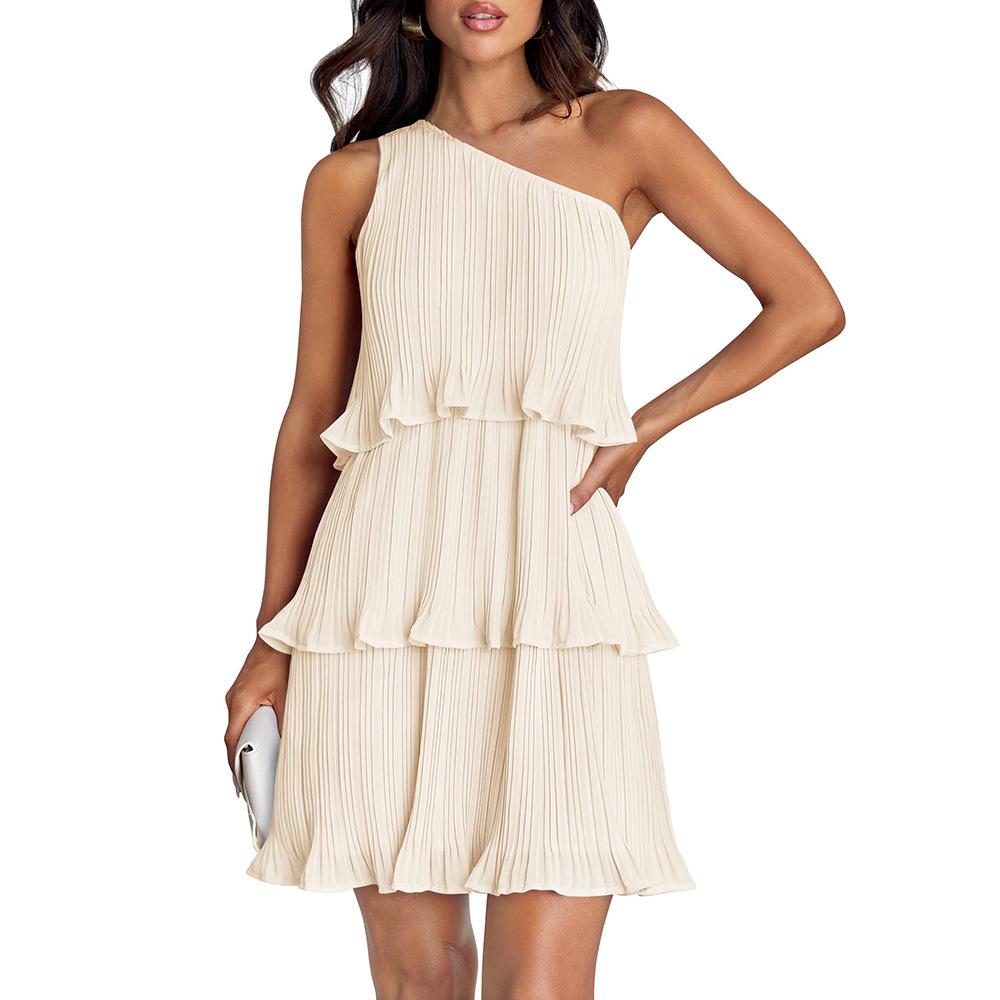 

VEZFAA Women s Fashion Summer Spring Solid Color Print Sleeveless Oblique Collar High Waist Casual Dresses XL