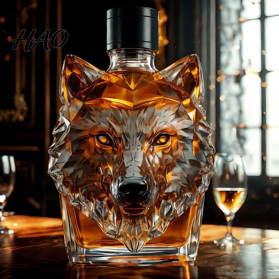 Caraffa in Vetro 300ml Bottiglia per Whisky Forma Testa di Lupo Alta Resistenza Vetro Borosilicato Vino Tappo Ermetico con Design
