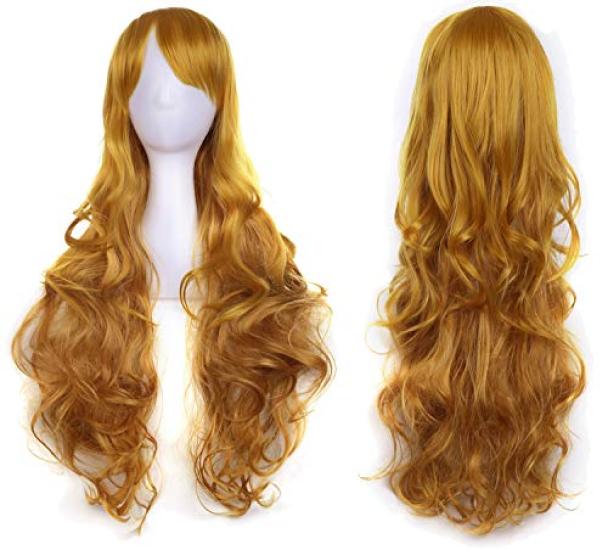 Pumpkin Parade Wig Set Long Curly Wavy Hair Full Stand Included Yellow Gold 3-piece