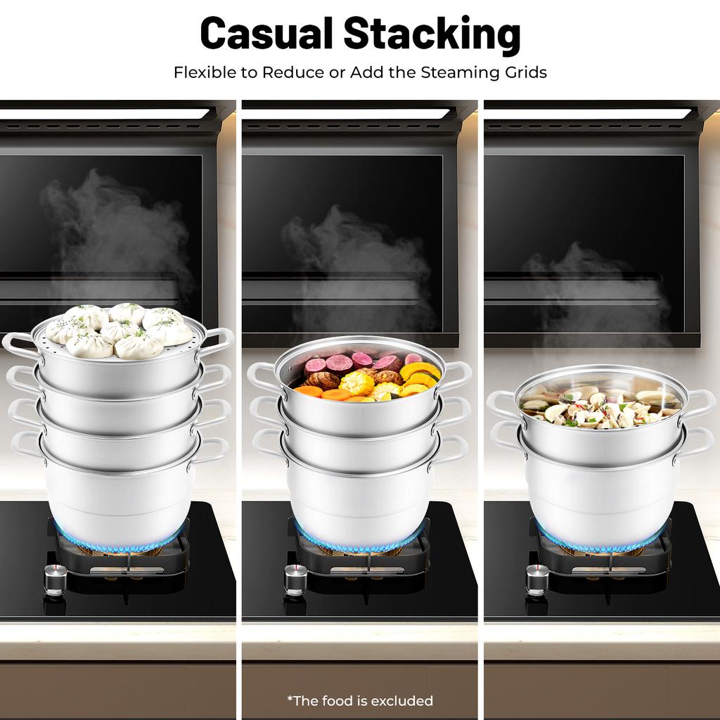 9L 304 Stainless Steel Steamer Pot 3-Layer Stackable Food Steamer for Cooking Soup Bun Vegetable Gas Induction Cooktop