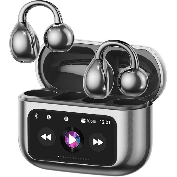 Elegant Touchscreen Clip-On Earbuds, Wireless Open Ear Headphones with 1.3" Color Display, Bluetooth 5.4, 50H Playtime, Ultra-Light 4.1g, IPX5