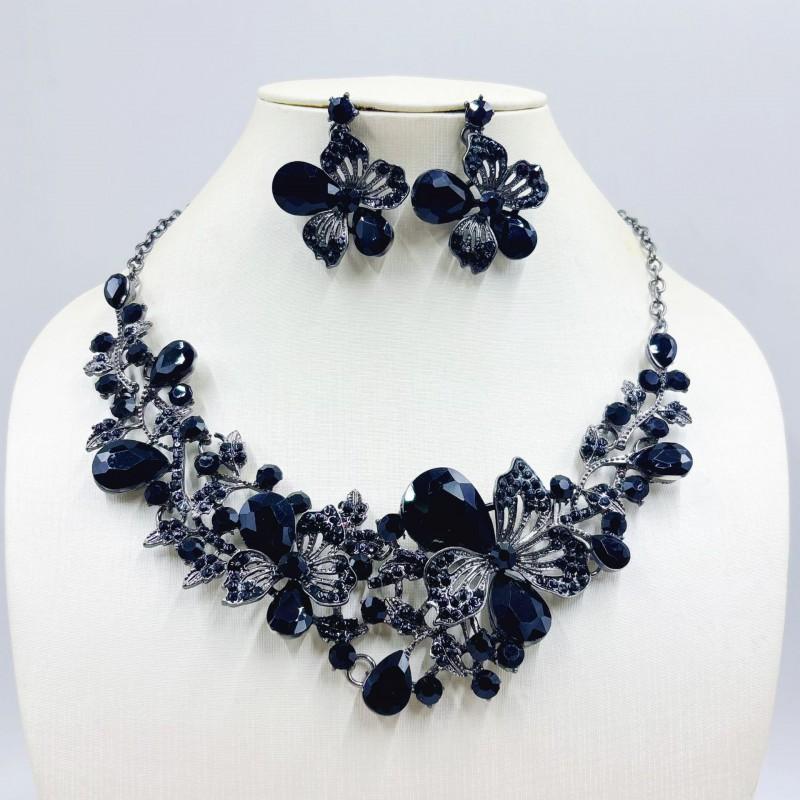 Sparkling Colorful Crystal Gemstone Necklace Earring Set Women Wedding Party Stage Accessory Floral Fashion Jewelry