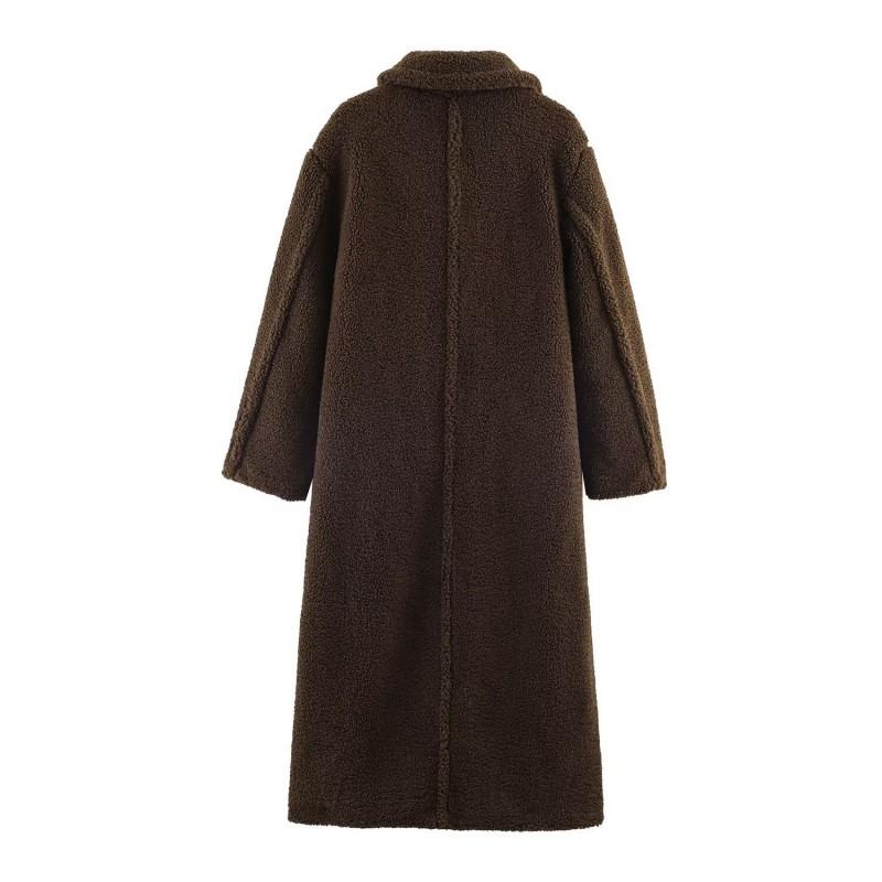 Womens Long Fleece Coat With Turn-Down Collar Single-Breasted Button Front Street Style Oversized Outerwear