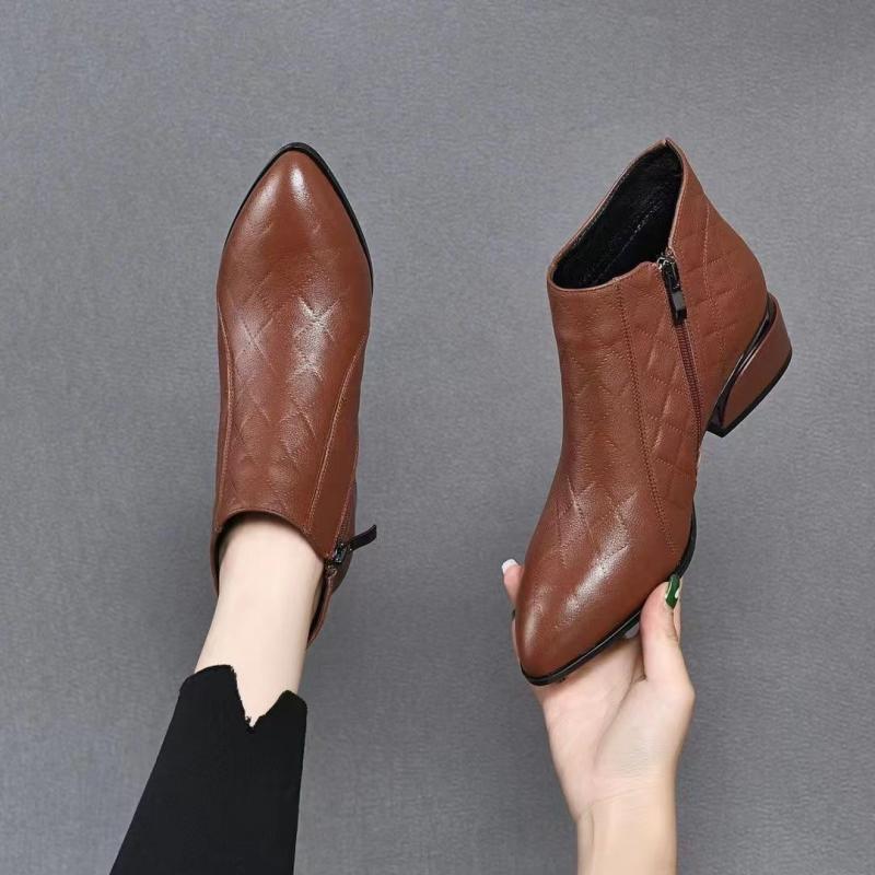 New Women'S Pointed Toe Low Heel Ankle Boots - Side Zip Soft Leather Fashion Booties Autumn Winter Comfortable Short Boots