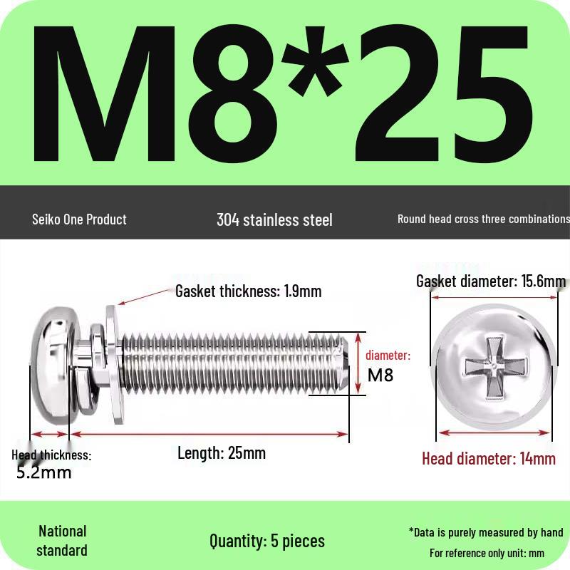 304 Stainless Steel Round Head Phillips Screw with Flat Washer (Sizes M3, M4, M5, M6)