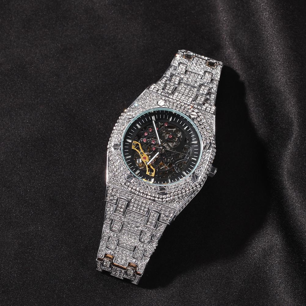 Men's Hip Hop Diamond Skeleton Transparent Mechanical Watch - Fashionable New Design