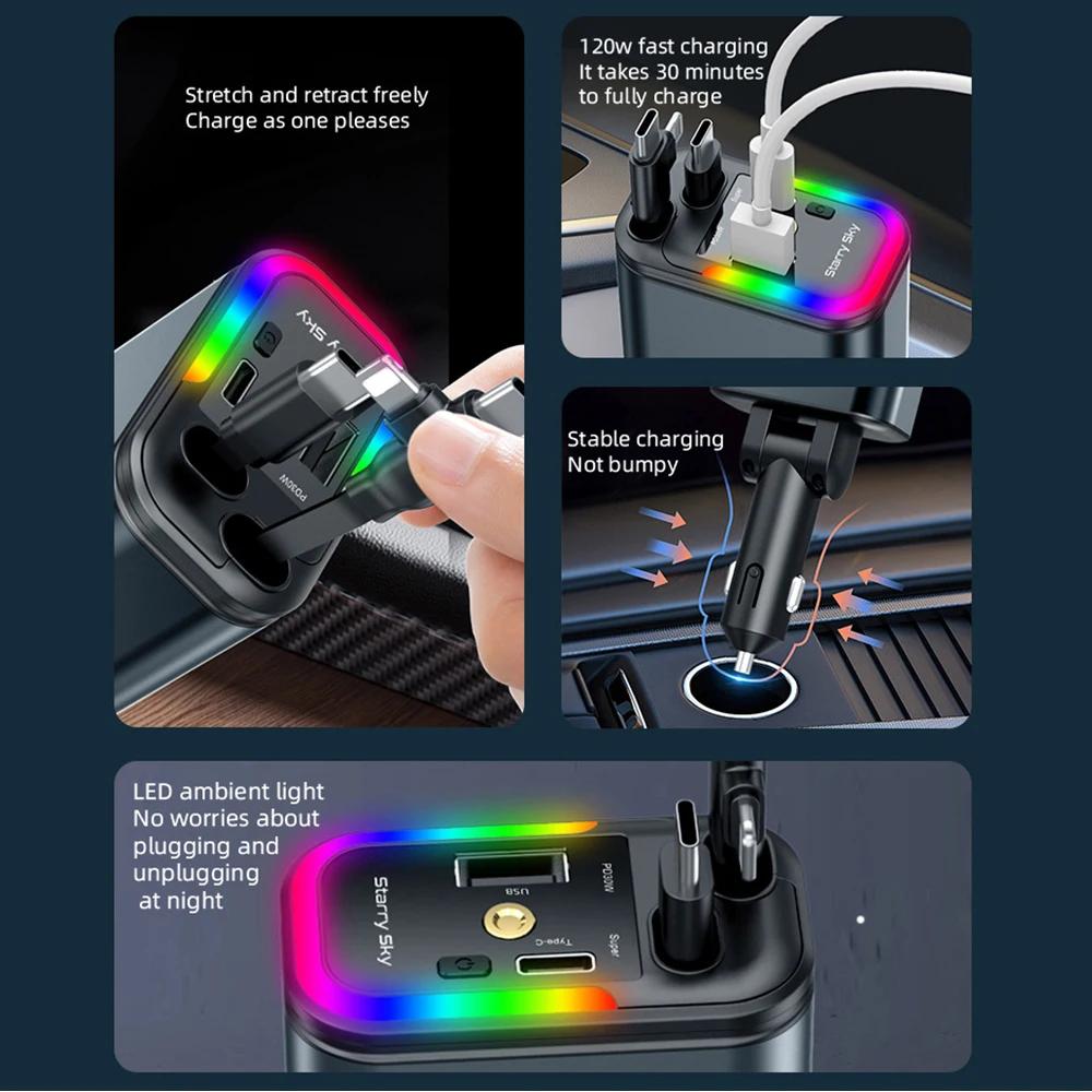 5 In 1 Retractable Car Charger with Starlight Type-C 180W Car Charger Adapter Car Phone Charger for iPhone & Android