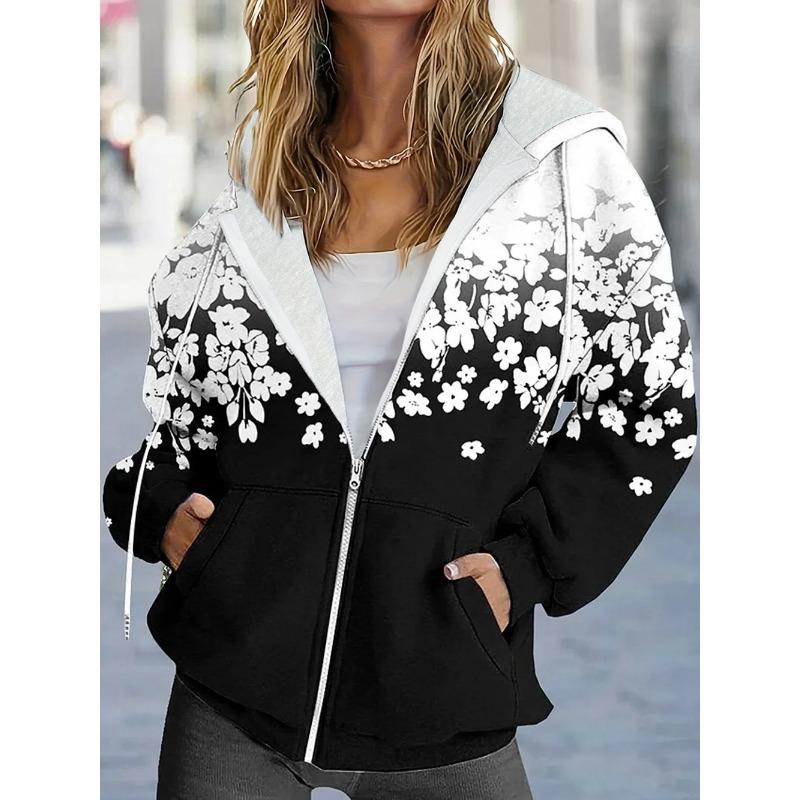 Übergroße Kapuzenjacke mit Kordelzug und Taschen, Blumenmuster, Herbst- und Winter-Freizeit-Langarmjacke, Damen Übergröße Kleidung