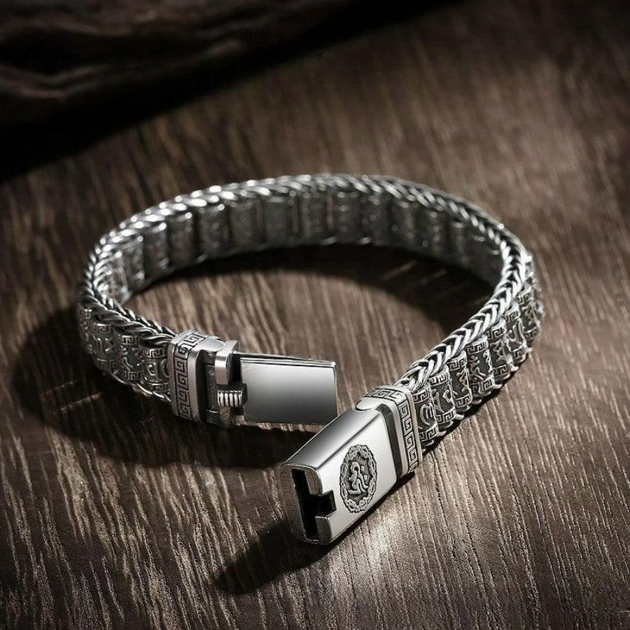 Bracelet Homme Fait Main Simple Mode Rétro Bracelet Mantra à Six Caractères Bijoux argenté