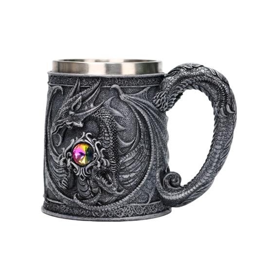 Stainless Steel Beer Mug 600ml Retro Tankard Coffee Cup Tea Tumbler Medieval Dragon Resin Mug for Fantasy Lovers