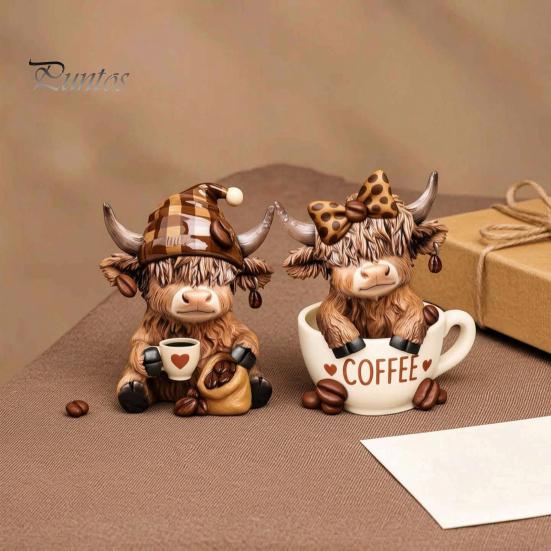 Desktop Coffee Lover Gift 2Pcs Cow Figurine, Cute Resin Animal Statue for Home Desk Rustic Farmhouse Kitchen Ornament Decor, Cafe Style Tabletop