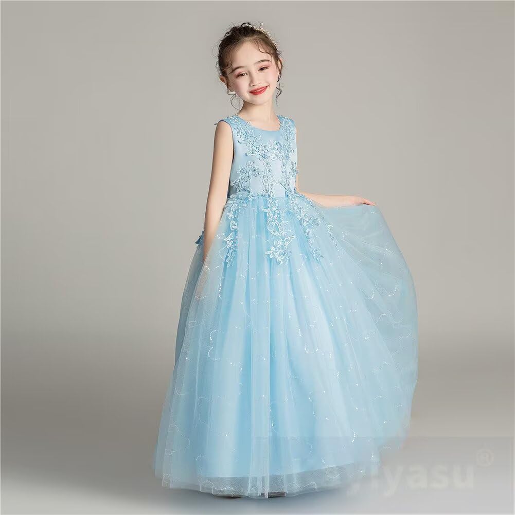 Kayiyasu Formal Long Piano Ages Girls' Dress, Recital, Wedding, Graduation, Party, Embroidered, 3-13 (Sizes 120-170, Blue)