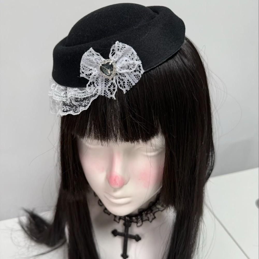 Elegant Lace Billycock Hat Sweet Heart Crystal Round Hat Hair Accessories Bow Pillbox Hat  Party