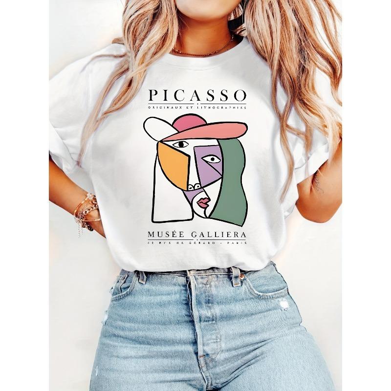 

Европейский размер 1 шт. Женская футболка с абстрактным художественным дизайном - Ретро Шик, Вдохновленная Пикассо, С коротким рукавом, Удобная и универсальная для повседневной одежды S
