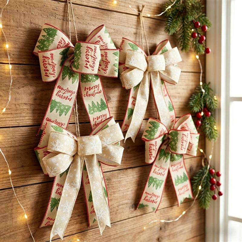 Double Layer Christmas Bowknot Decoration Set of 4 Soft Fabric Ribbon Ornaments with Stitched Center for Seasonal Home Styling