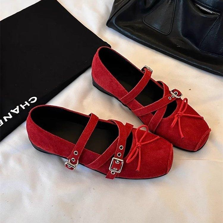 Soft leather version~ red bow small single shoes women's 2025 spring and summer new retro shallow rivet ballet flats