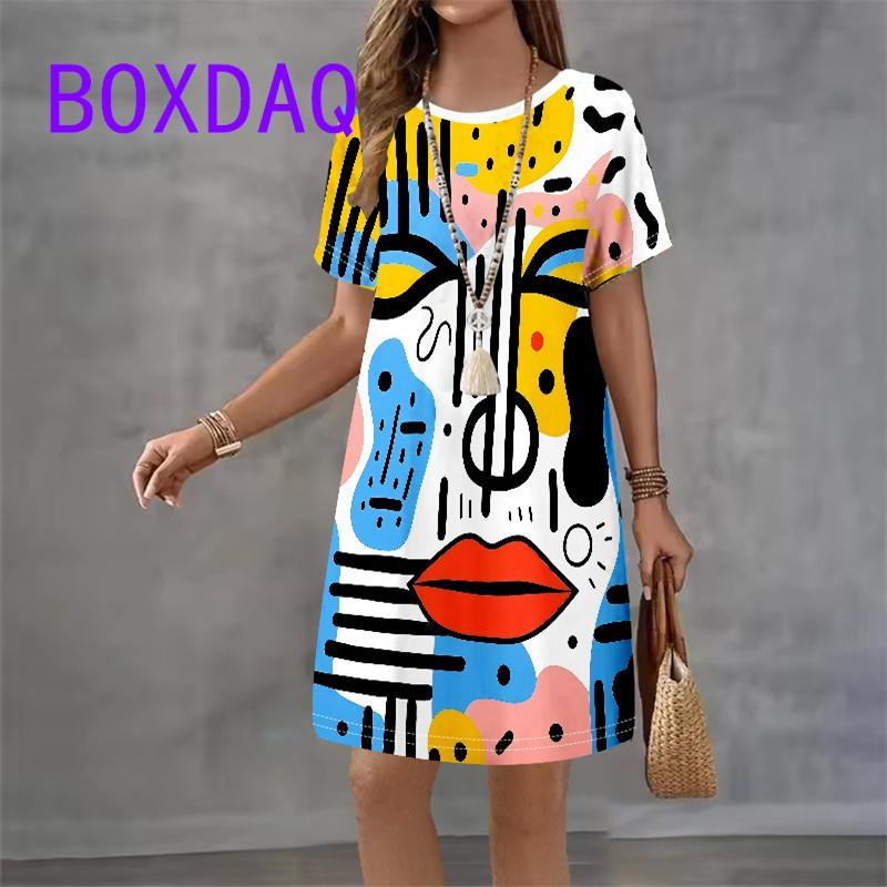 Retro Portrait Art Facial Pattern Women Dress Short Sleeve O-Neck Loose Casual A-Line Dress Summer New Street Ladies Sundress