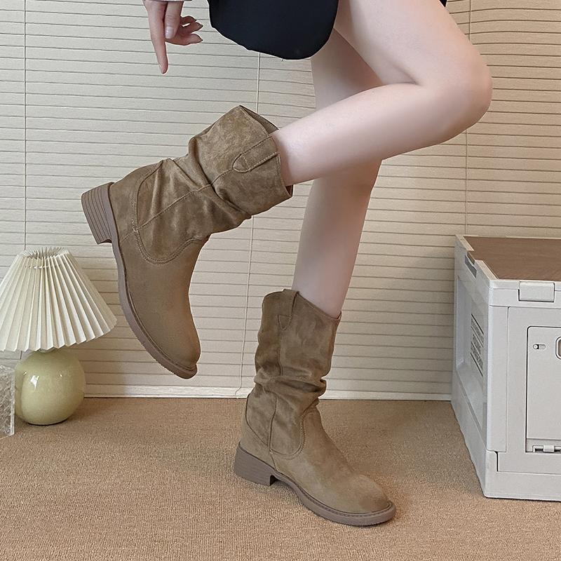 New Style Suede Western Stacked Boots Women Chunky Heeled Mid-calf Boots Women Spring Autumn Shoes Solid Retro Boots