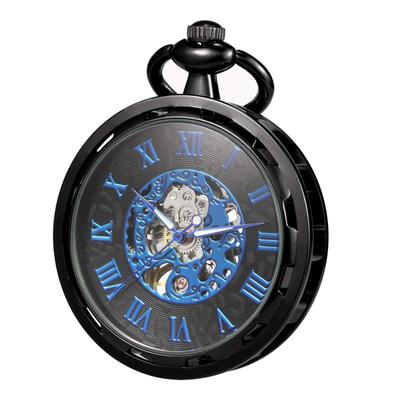 TREEWETO Hand-Wound Antique Mechanical Skeleton Pocket Watch for Men with Chain (Black and Blue)