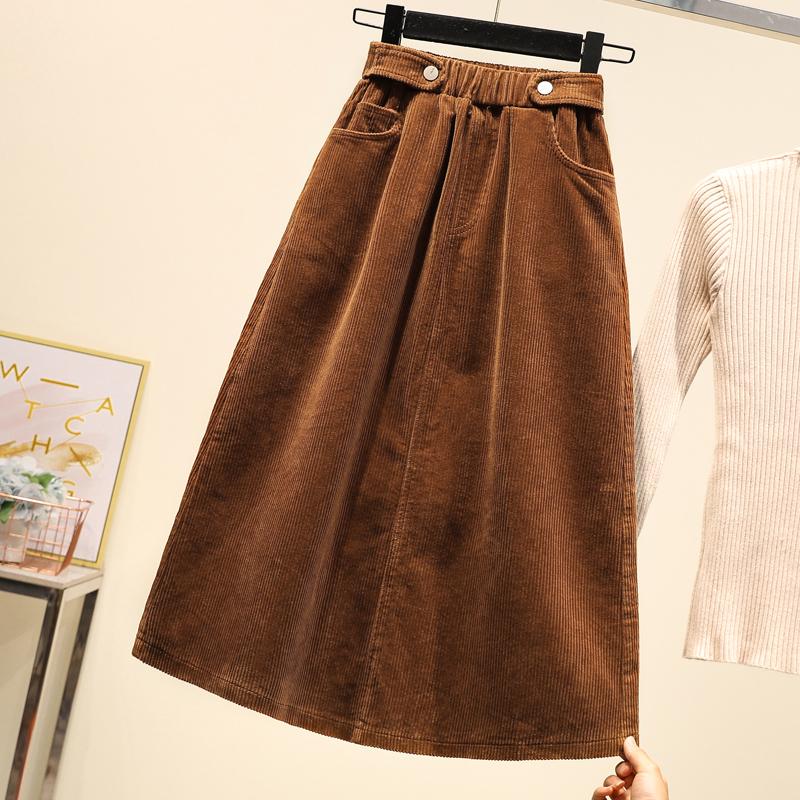 Plus Size Women Skirts Female Autumn Elastic Basic Corduroy High Slit Oversize Fashion Japanese Dress