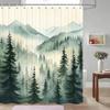 Watercolor Forest Shower Curtain Green Pine Trees Mountain Scene Misty Atmosphere Nature Design Waterproof Bath Linen Home Decor