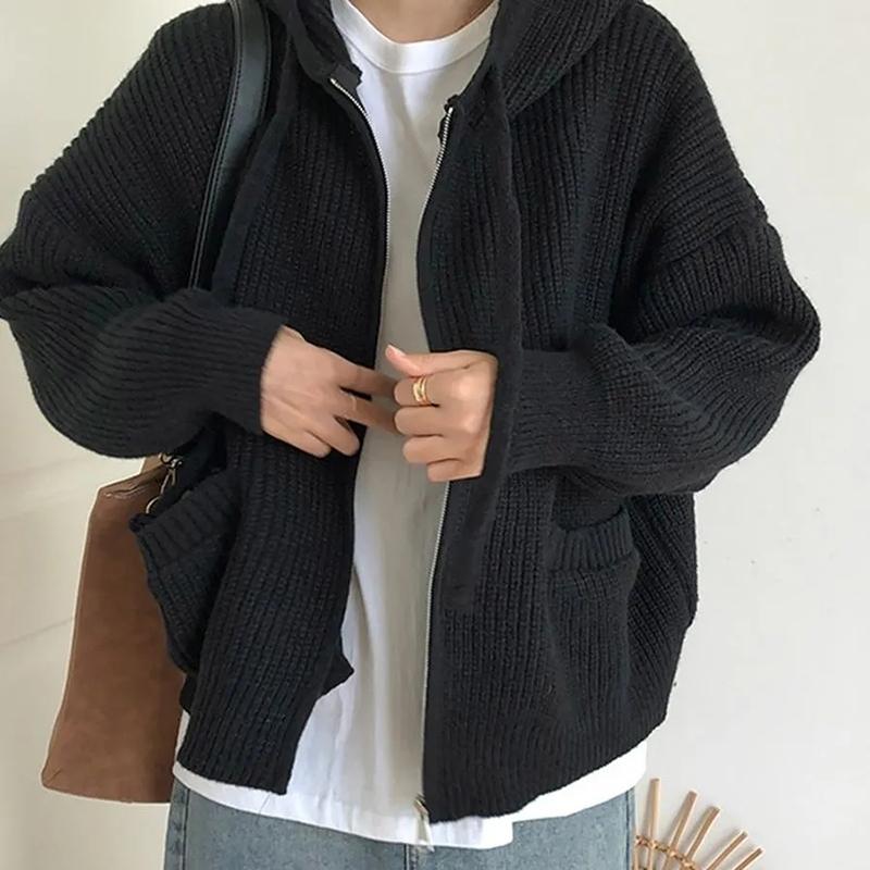 Zipper Cardigan Sweater Women Knit Fall Winter Long Sleeve Harajuku Y2K Solid Jumper Loose Lazy Warm Vintage Basic Female Hoodie