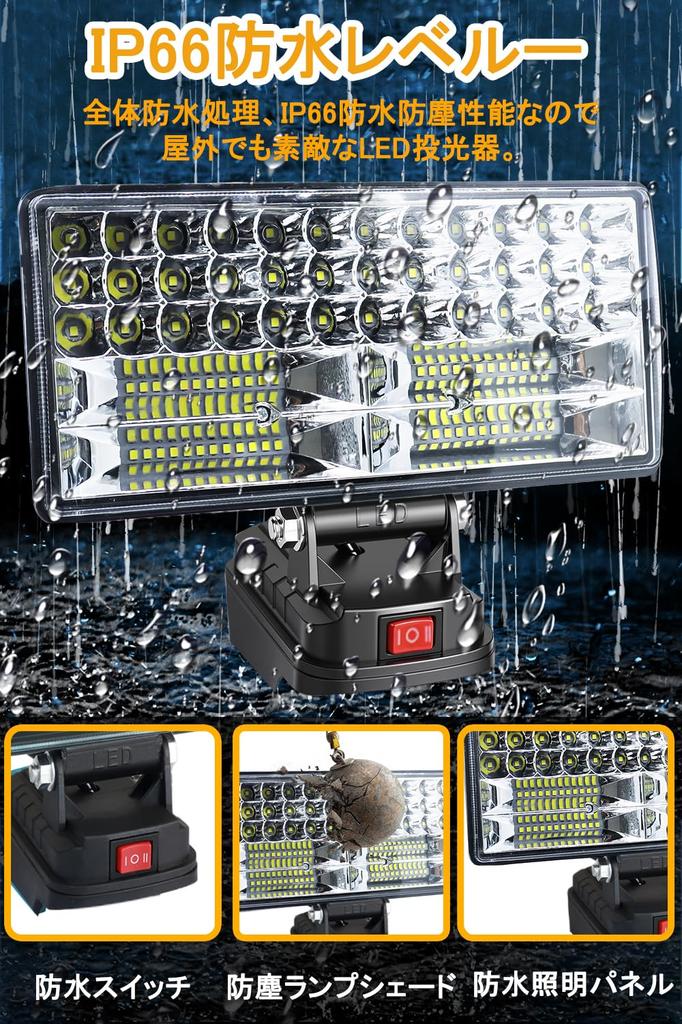 Luz de Trabalho LED Sem Fio, 8000 Lúmens, Compatível com 14.4V18V, Luz de Pesca, Portas de Carregamento de Saída Dupla, IP66 à Prova d'Água e à Prova de Poeira, Potência