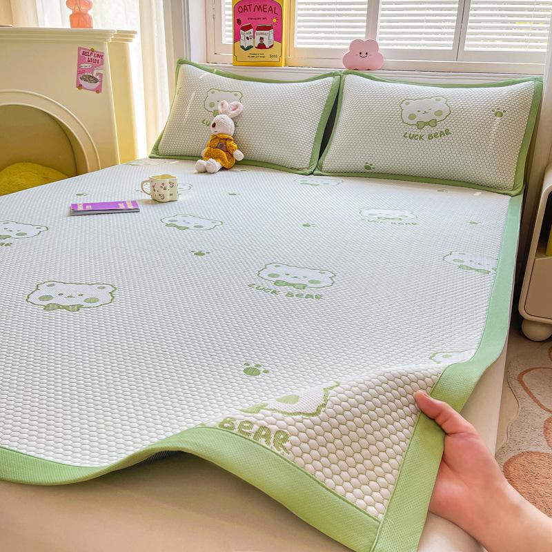 Summer Nude Ice Silk Cooling Mat Set: 3-Piece, Soft, Machine-Washable, A-Class Fitted Sheet