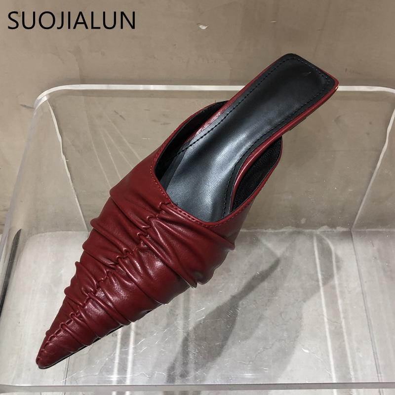 Fashion SUOJIALUN Fashion Brand Women Slipper Pointed Toe Slip On Mules Thin Low Heel Slides Shoes Pleated Design Sandal Flip Flops