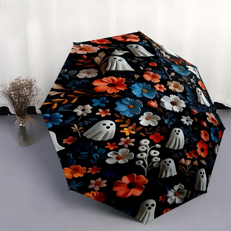 1pc Ghosts & Flowers Pattern Beautiful Looking Automatic Folding Umbrella, 3 Folding, 8 Iron Frame Design, Durable and Suitable for Travel and Da