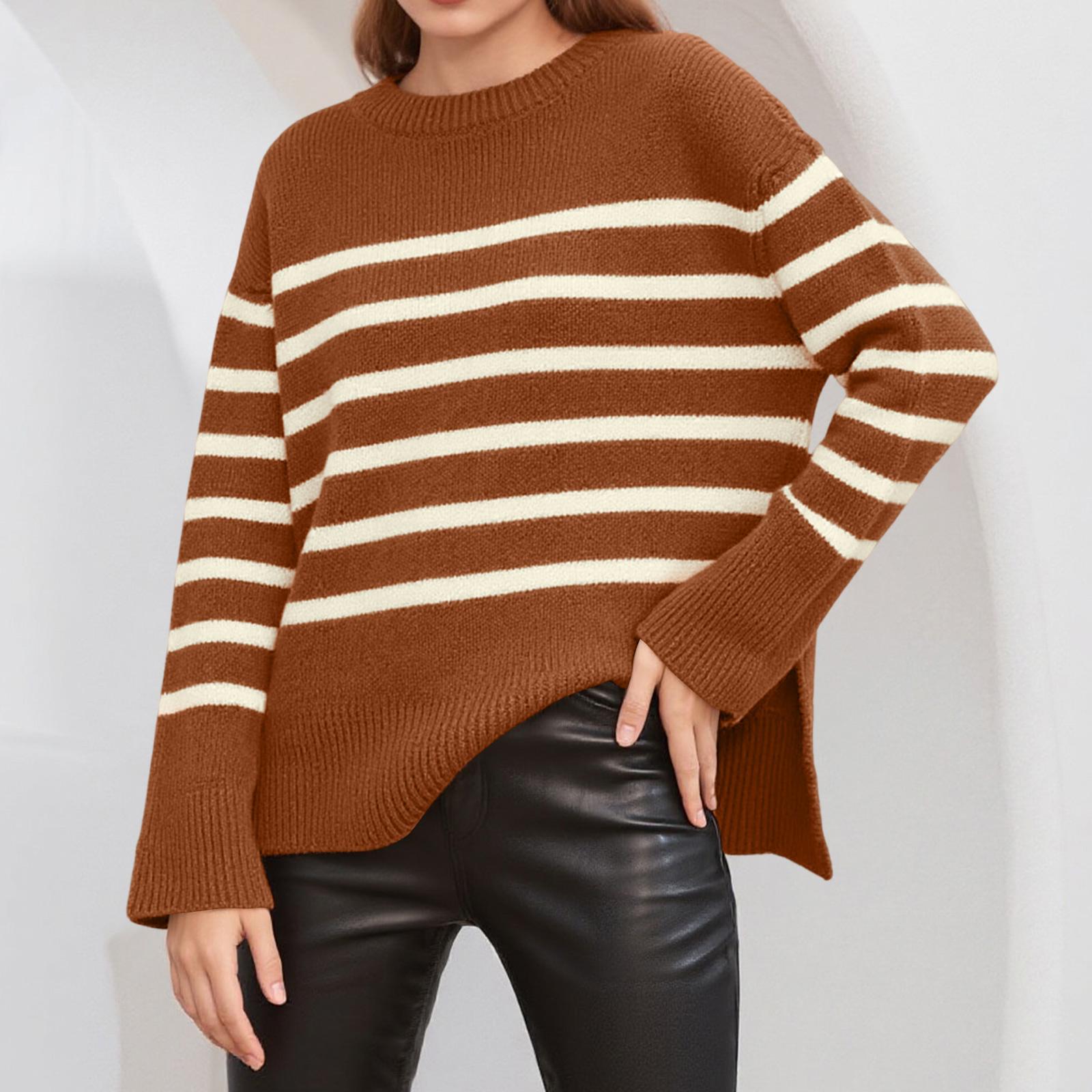 

Женский повседневный полосатый свободный свитер-пуловер с круглым вырезом XL коричневый