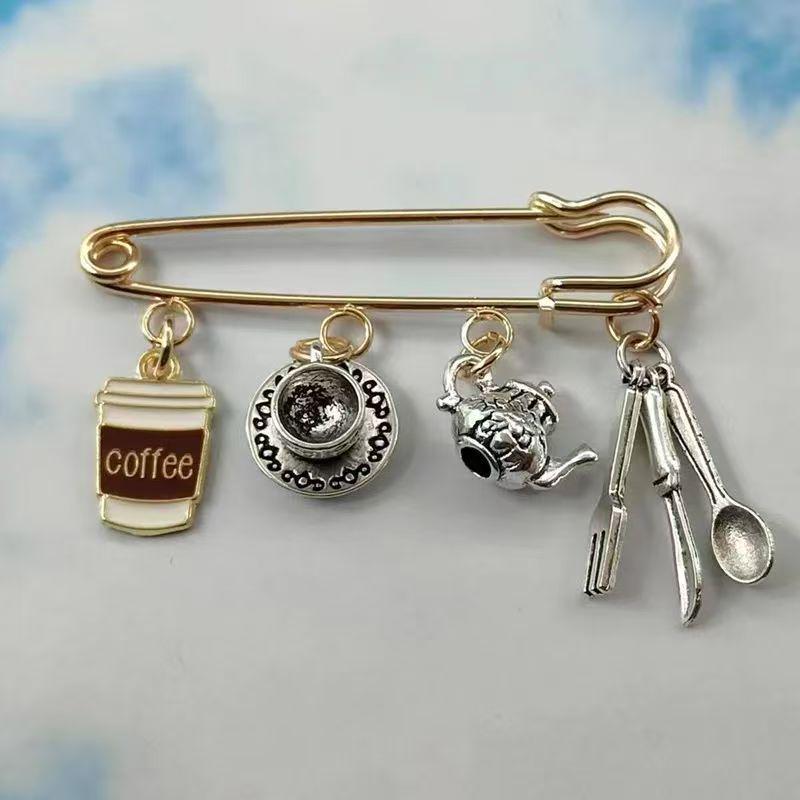 Coffee Shop Tableware Collection: Coffee Cup, Knife, Fork, Teapot, Coffee Pot, Brooch for Afternoon Tea Leisure Time