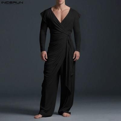 2PCS Men V Neck Long Sleeve Ruffled Twisted T-shirt Long Pants Home Wear Sets Outfits