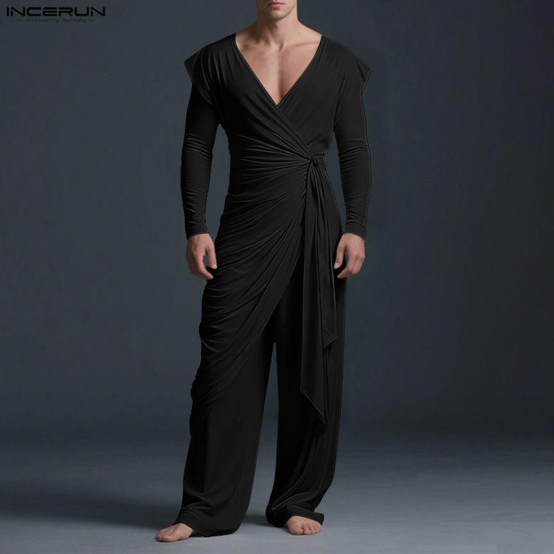 INCERUN 2 SZTUKI Męskie Koszulki z Dekoltem V i Długim Rękawem Falbankowe Skręcone Zestawy Ubrań Domowych Spodnie