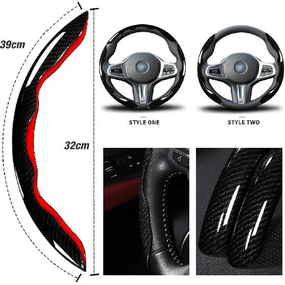 Car Steering Wheel Cover Set Bright Carbon Fiber Wrap Non-Slip 3Pcs Steering Wheel Accessories 14.5-15 Inch Universal (Black)