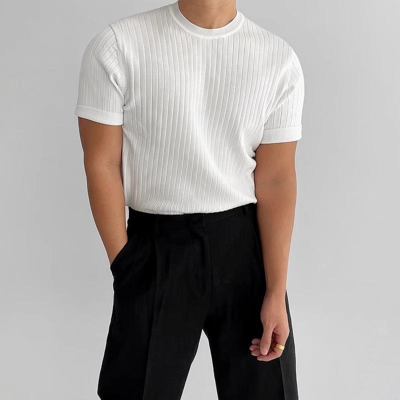Men S Striped Crew Neck Short Sleeve Knit T Shirt Loose Fit Casual Style M