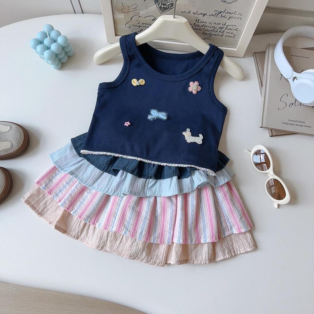 Korean Summer Colorful Vest & Layered Skirt Set for Baby Girls