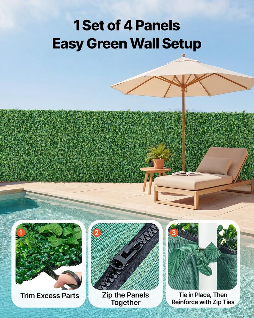 Artificial Plant Wall, 4 PCS 61 x 243.8 cm Artificial Boxwood Panels, Sun Protection Greenery Backdrop Privacy Hedge Fence, Fake Grass Screen for