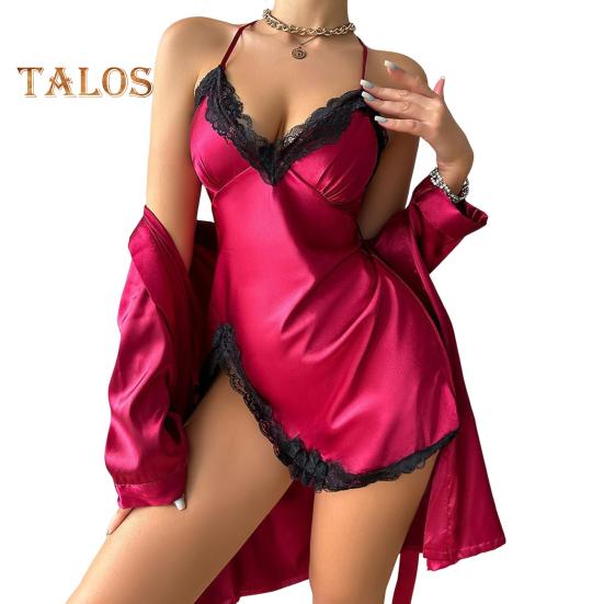 

Женские сексуальные атласные шелковистые пижамные комплекты, кружевная ночная рубашка с халатом, мини-ночная рубашка, костюм из 2 предметов, сорочка, одежда для сна XL красный