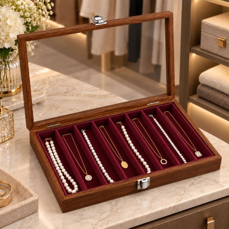 Necklace Storage Display Box with Clear Glass Lid, Separate Long Compartments, Front Clasp and Black Walnut Pattern