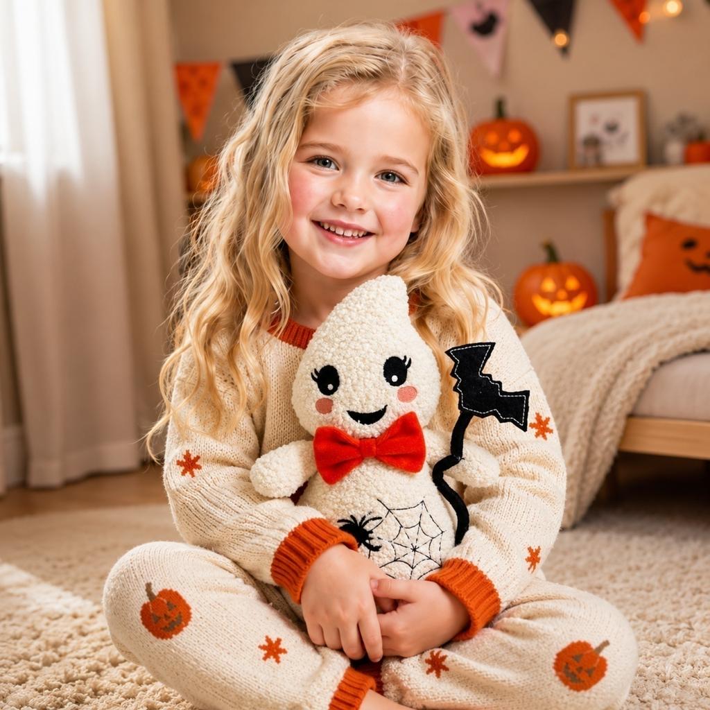 Plush Ghost Toy Halloween Stuffed Animal with Spider Web Design and Bow Tie Soft Fabric Gift for Holiday Decoration and Collectible