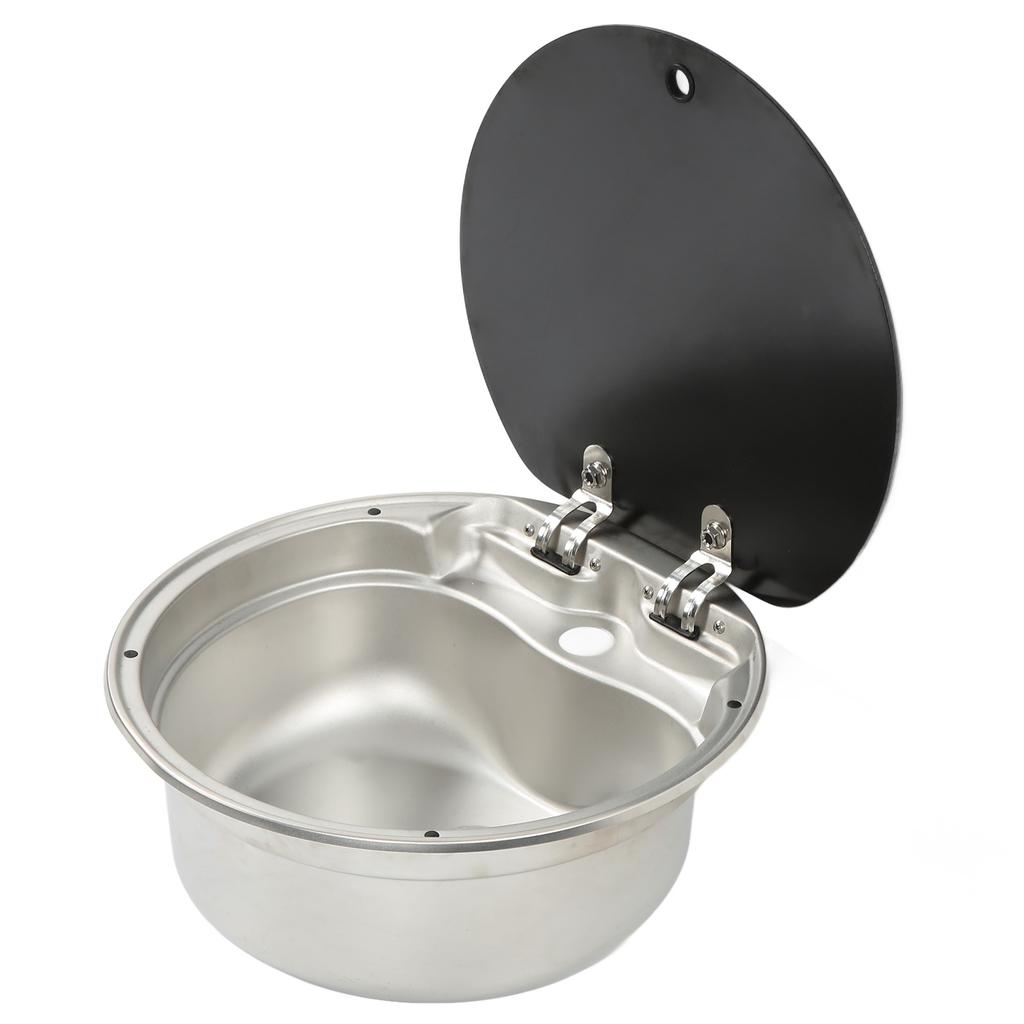 RV Sink Single Bowl Stainless Steel Hand Wash Basin Sink with Tempered Glass Lid for Caravans Camper