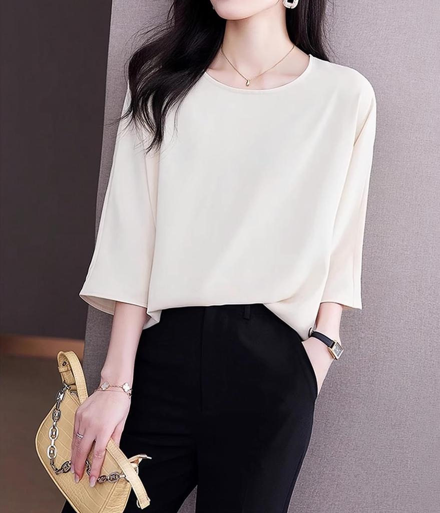 Bluse für lockeren Sommer-Business [Lalapala] Damen, 3/4-Ärmel, Sommer, Chiffon, Oberteil, Passform, Schlicht, Dünn, Seidig, Pullover, Anzug, Unterwäsche, Seidig,