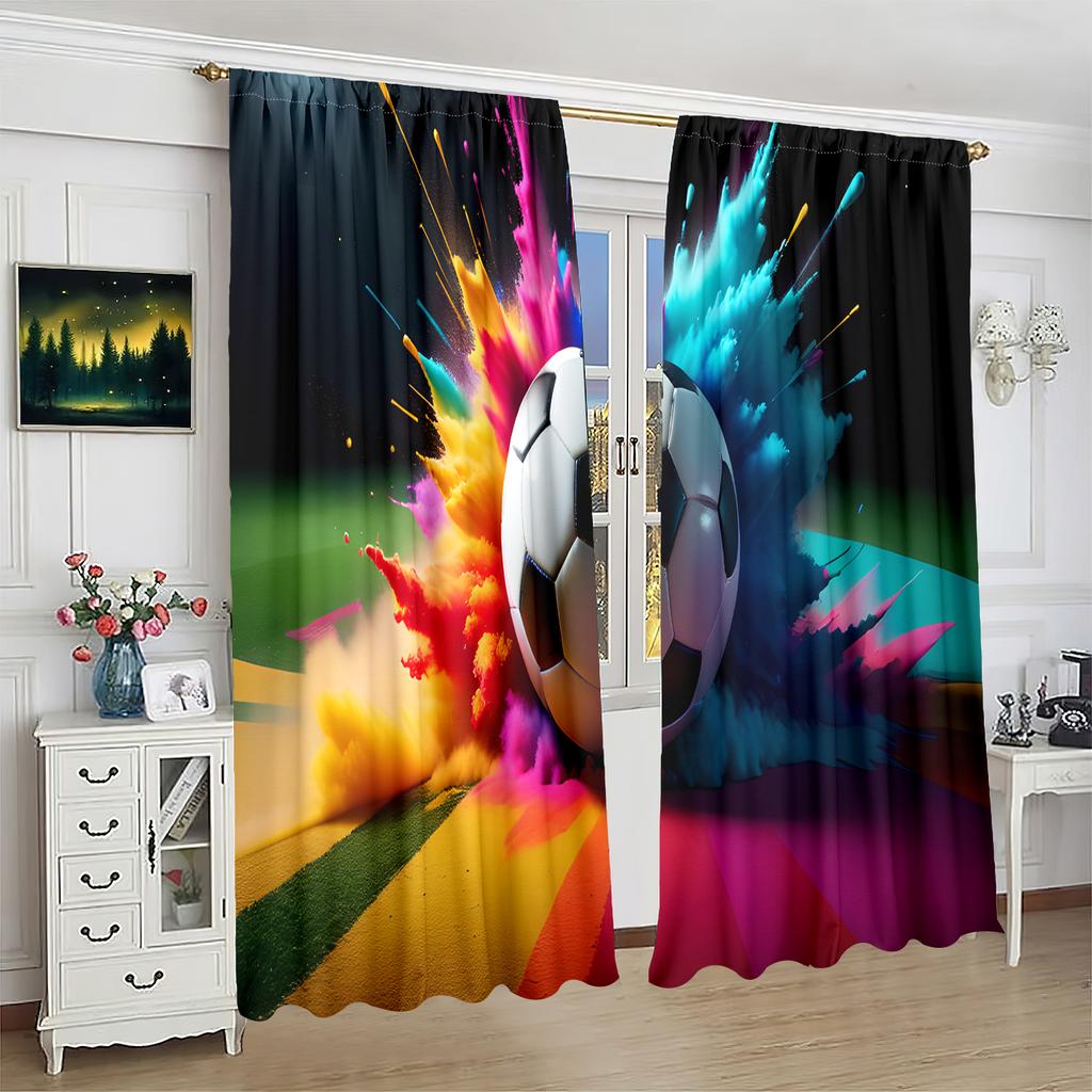 2 pieces - Football - printed curtain - Polyester material - suitable for bedroom, living room, study private curtain