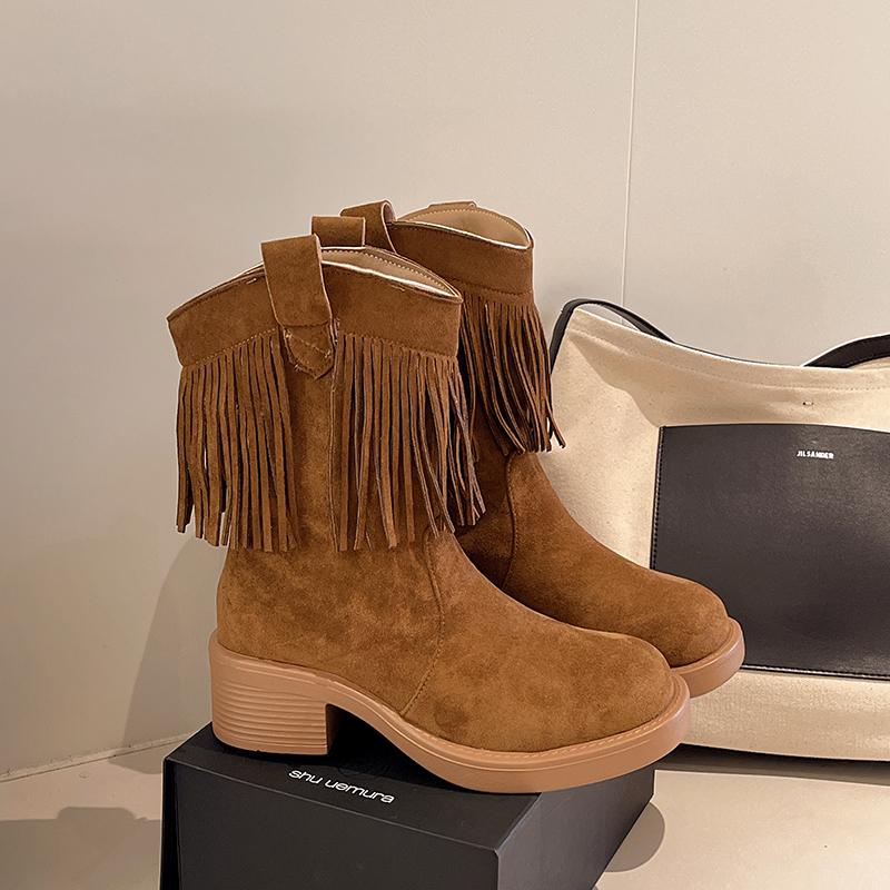 New Style Fashion Thick Soled Fringed Women's Retro Comfortable Western Cowboy Boots Square Heel Short Leg Knight Boots Platform
