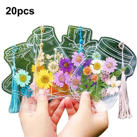 20/100 Pcs DIY Transparent Dried Flower Bookmarks Clear Pressed Flower Bookmarks with Tassels Self-Adhesive Jars Stickers